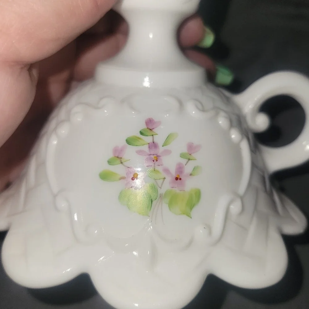 Milk Glass Finger Ring Candle Holder Hand Painted Violets Signed by Vicki F
